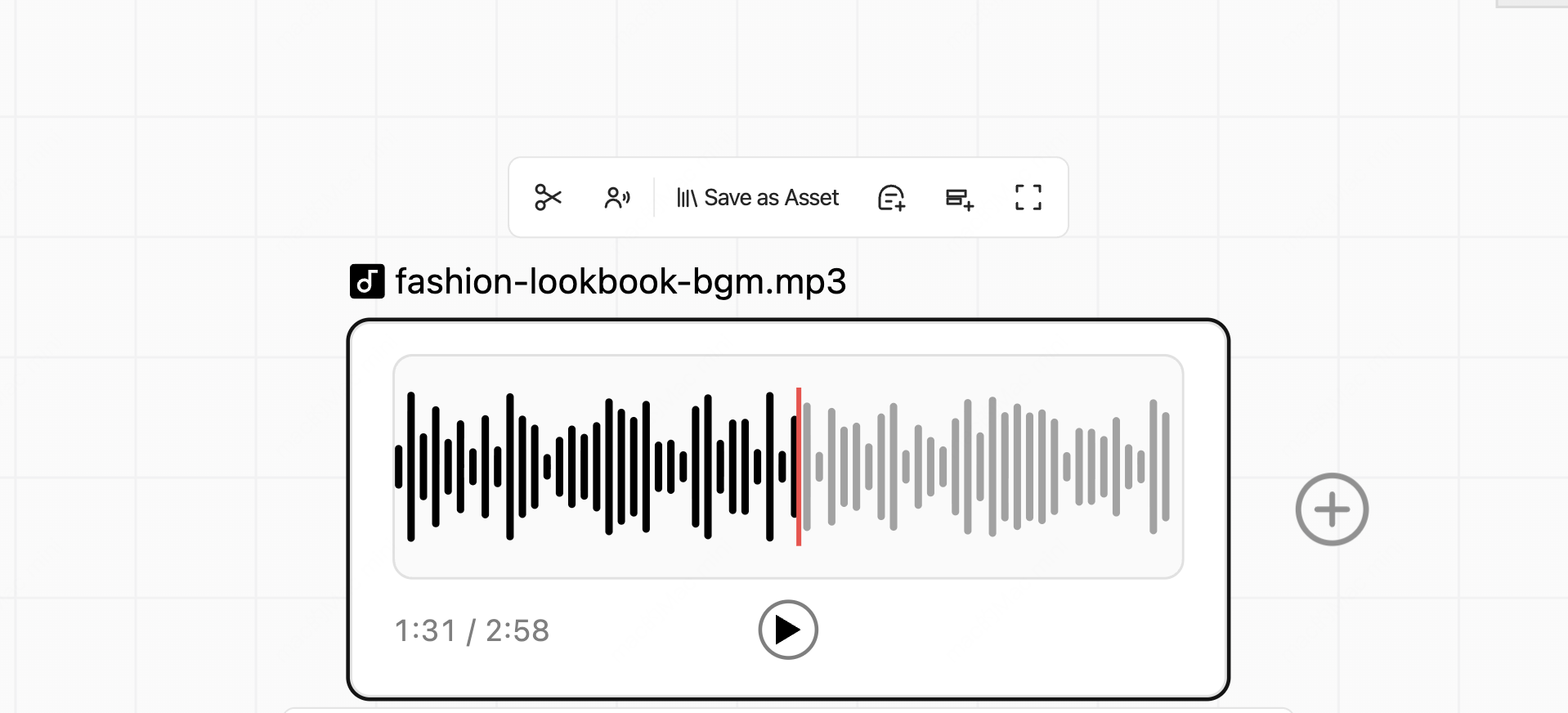 英文界面的 Canvas 音频节点包含剪辑、语音处理和存为资产等工具